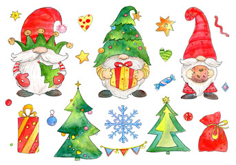Watercolor set with cute Christmas Gnomes and New Year trees and gifts. PNG. Transparent background.