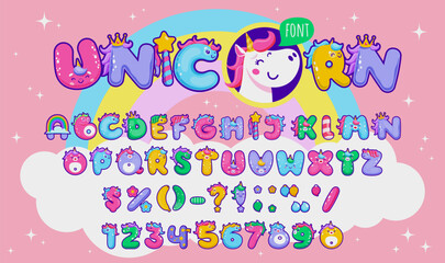 Cartoon fairytale unicorn font. Magic funny horse type, cute characters typeface on rainbow vector background. Alphabet letters and numbers with cute unicorn animals, princess crowns and magic wand © Vector Tradition