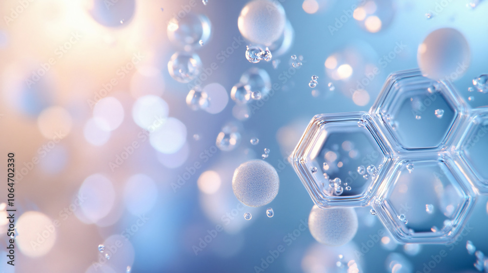 Poster an abstract illustration of bubbles and hexagonal shapes floating in a soft gradient background, rep