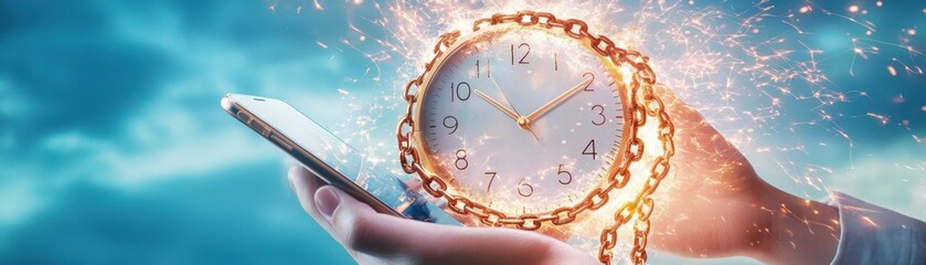 Time and bad habits conceptual theme. A person holds a phone with a glowing clock The clock is enwrapped in a chain suggesting a connection between time and technology