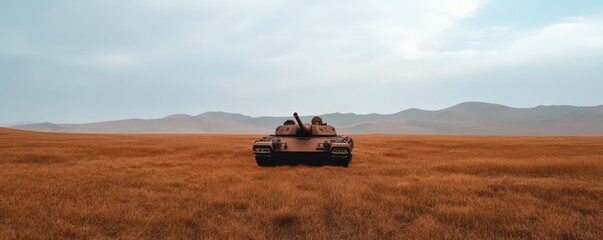 Fototapeta premium Deserted tank in field: a symbol of forgotten battles and the passage of time in a desolate landscape.