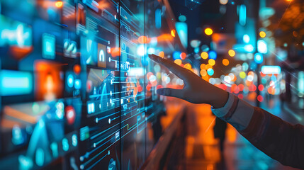digital Transformation Integration between technology and business, with elements like an augmented reality overlays on physical products