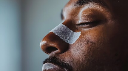 Close-up of a man with a nose pore strip on his nose, background softly blurred.