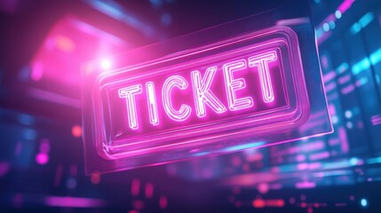 A vibrant ticket mockup shines in neon, set against a futuristic holographic backdrop