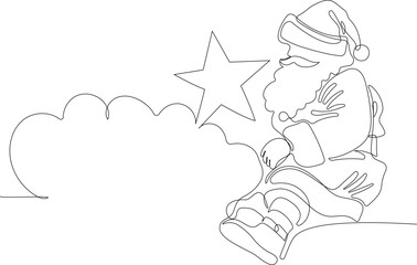 Outlined Cute Santa Claus Cartoon Character With A Sack Full Of Gifts. Vector Hand Drawn Illustration. One continuous line drawing Santa Claus on reindeer and sled. concept for Christmas and New Year