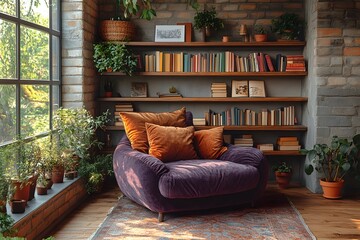 Obraz premium Sunlit Reading Nook With Cinnamon Slate Accents And Plum Velvet Chair
