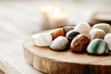 Obraz premium Variety of colorful polished healing gemstones on a wooden surface with a lit candle in the background, creating a serene atmosphere