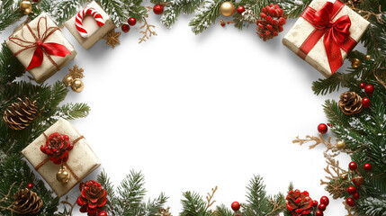 Christmas-Themed Frame with Gifts, Candy Canes, and Evergreen Branches  isolated on a PNG background. 