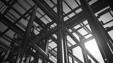 A black and white image showcasing a complex structure of steel beams and pipes, viewed from below, emphasizing geometric patterns and industrial design.