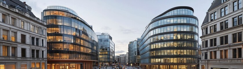 Modern glass buildings in an urban setting at dusk, showcasing contemporary architecture.