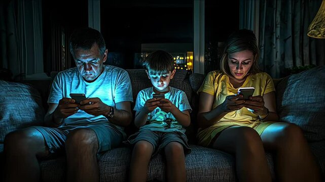 technology dependency with a whole family sitting on a sofa, looking at their phones