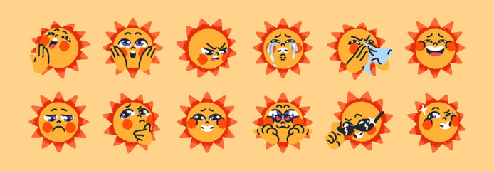 Funny sun with different emotions on face set. Cute character cries, winks, smiles. Various facial expressions: happy, sad, angry, bored, thinking emojis, emoticons. Flat isolated vector illustrations