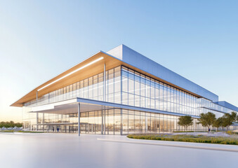 Obraz premium 3D rendering of a modern industrial building with glass facade