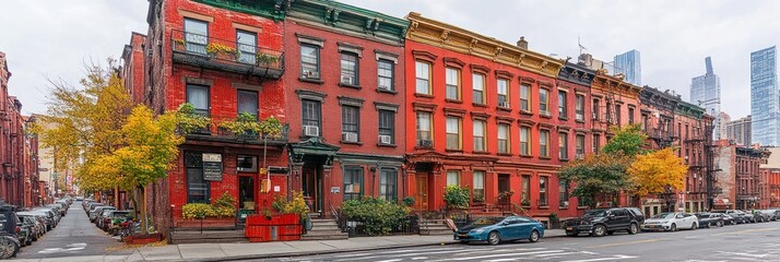 Fototapeta premium A vibrant street scene showcasing historic brownstone buildings with autumn foliage.