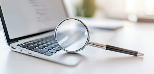 Magnifying glass on laptop keyboard symbolizing online search and analysis