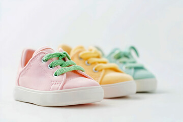 Colorful baby shoes with green laces arranged in a row