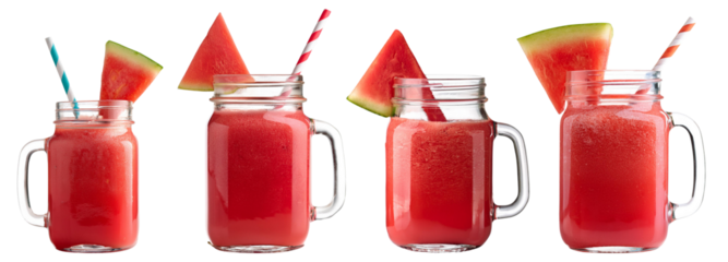 Refreshing watermelon drinks in mason jars, perfect for summer celebrations, isolated on white background.