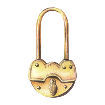 recommend clip art: Gold metal padlock with a hole. Hand drawn watercolor illustration. Isolated object on a white background.