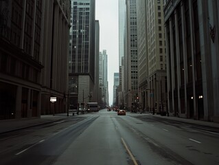 Fototapeta premium A quiet city street flanked by tall buildings, showcasing an urban landscape in muted tones.