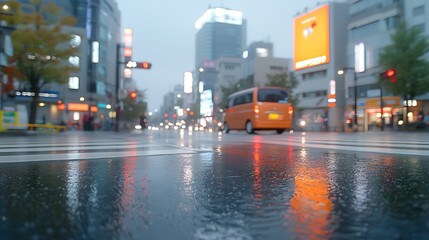 Obraz premium City streets shine with reflections during rainy weather as traffic moves along