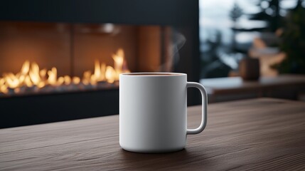 Fototapeta premium Coffee mug with steam, cozy fireplace background