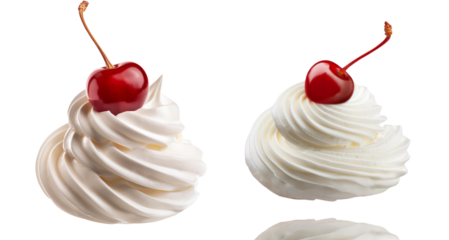 Two creamy swirls of whipped cream topped with cherries on a white isolated background.