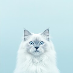 White cat with blue eyes, blue isolate background