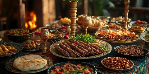 Fototapeta premium Delicious Middle Eastern Feast on a Rustic Table with Goldenware - Illustration