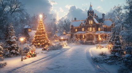 Fototapeta premium At night, the house and Christmas tree are adorned with lights