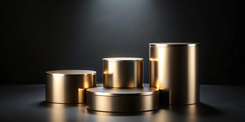 Black background with a gold podium showcasing a geometric cosmetic product 3D rendering