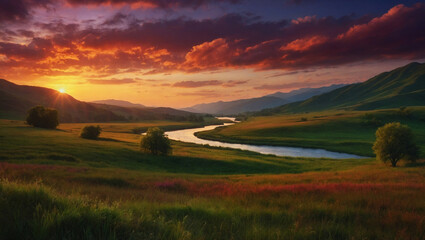 Obraz premium Spectacular sunset scenery with a vibrant sky and river leading through peaceful green landscapes and hills