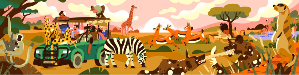 Fototapeta premium African safari panoramic view. Happy tourists travel in savanna by car, observe for wild animals of Africa. People take photos of wildlife during tour in savannah landscape. Flat vector illustration