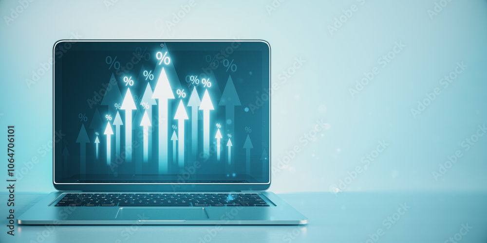Poster close up of laptop with growing glowing interest arrows on light blue background with mock up place.
