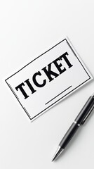 A sleek ticket design showcases bold lettering and is placed beside a pen on a white background