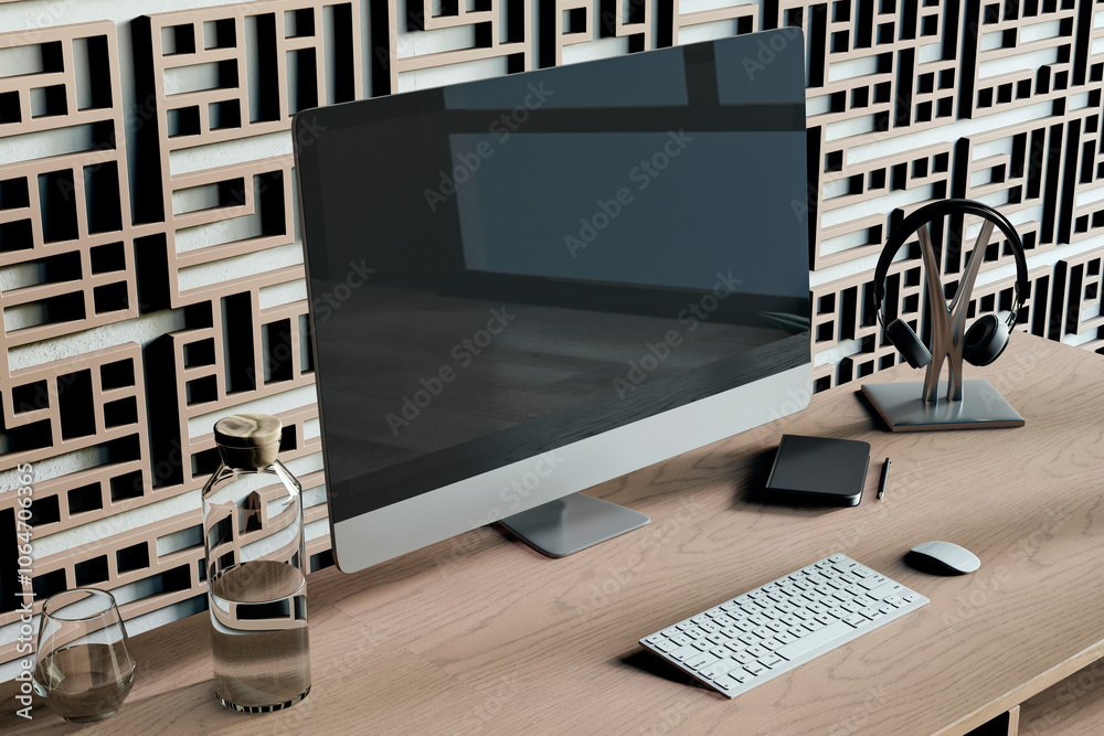 Poster Abstract designer workplace with decorative ornamental wall, various small items and big computer monitor with mock up place. 3D Rendering.