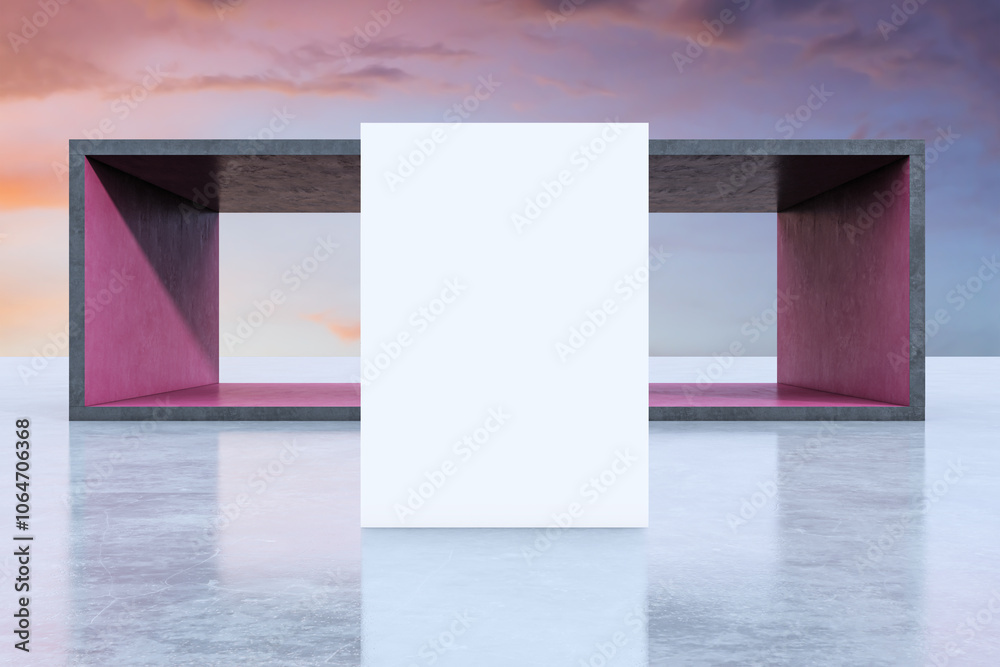 Aufkleber abstract concrete exhibition space with empty white mock up banner and sunset sky background. creati