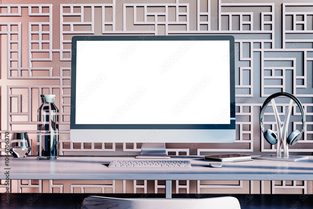Aufkleber contemporary designer workplace with decorative ornamental wall, various small objects and big white