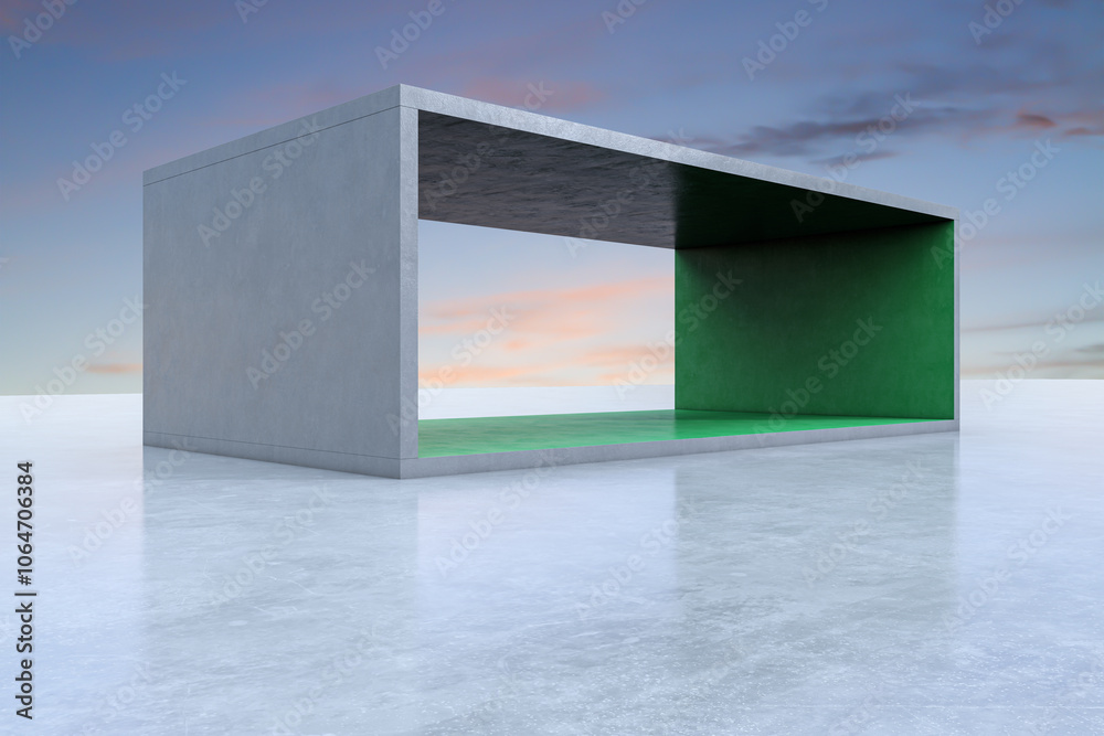 Poster bright green concrete exhibition space with empty mock up place and sunset sky background. creativit