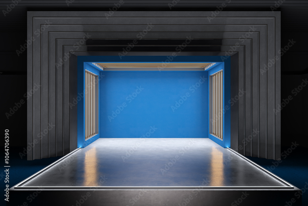 Poster Creative blue theater stage design with empty mock up place. Performance and act concept. 3D Rendering.