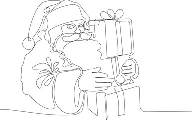 Outlined Cute Santa Claus Cartoon Character With A Sack Full Of Gifts. Vector Hand Drawn Illustration. One continuous line drawing Santa Claus on reindeer and sled. concept for Christmas and New Year