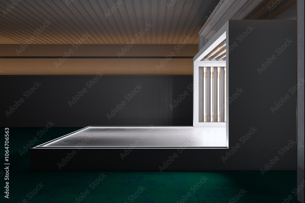 Poster Side view of modern white theater stage design. Performance and act concept. 3D Rendering.