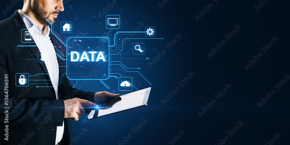 Leinwandbilder Headless young man using tablet with glowing data hologram on blue background with mock up place. Big data, Application programming interface concept.
