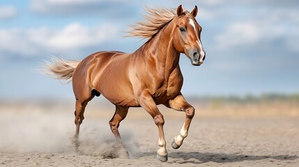 Obraz premium Majestic horse gallops gracefully across sandy terrain under a clear blue sky