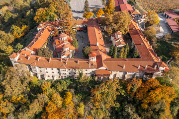 Aerial view to a Bachkovo Monastery "Assumption of the Virgin Mary", Rhodope Mountain, Bulgaria at autumn