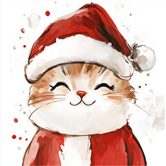Cute Christmas Cat with Santa Hat &ndash; Watercolor Style
