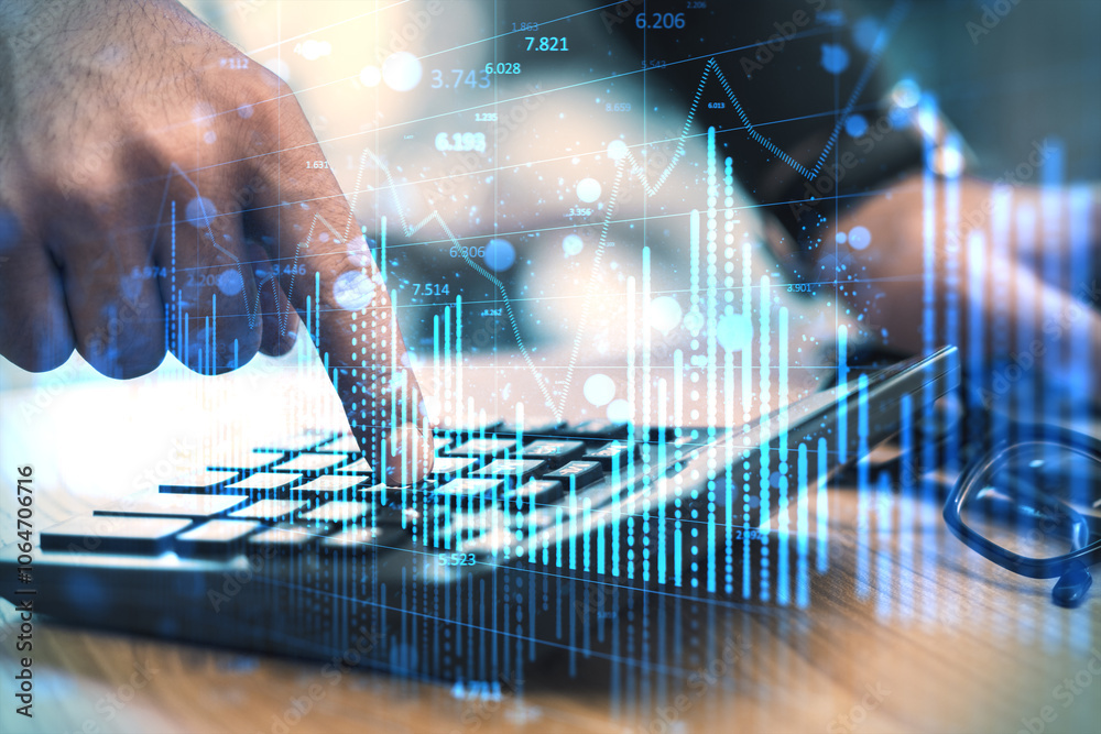 Poster close up of male hands using calculator at desk with glowing blue forex chart on blurry background. 
