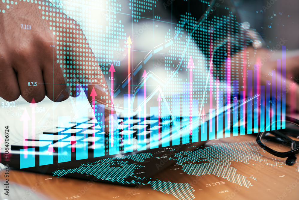 Fototapete close up of businessman hand using calculator at desk with growing forex chart hologram with map on 