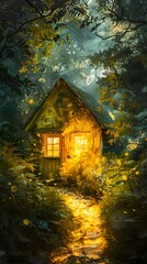 A charming, illuminated cottage nestled in a lush, magical forest.