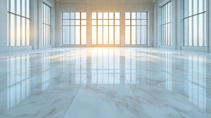 Fototapeta premium Bright sunlight illuminates a spacious modern interior with reflective marble floors