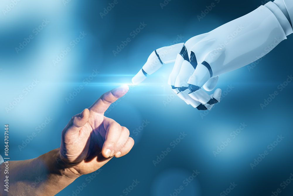 Poster Creative robot hand pointing at man hand on blurry blue background. Robotics, artificial intelligence and machine learning concept.